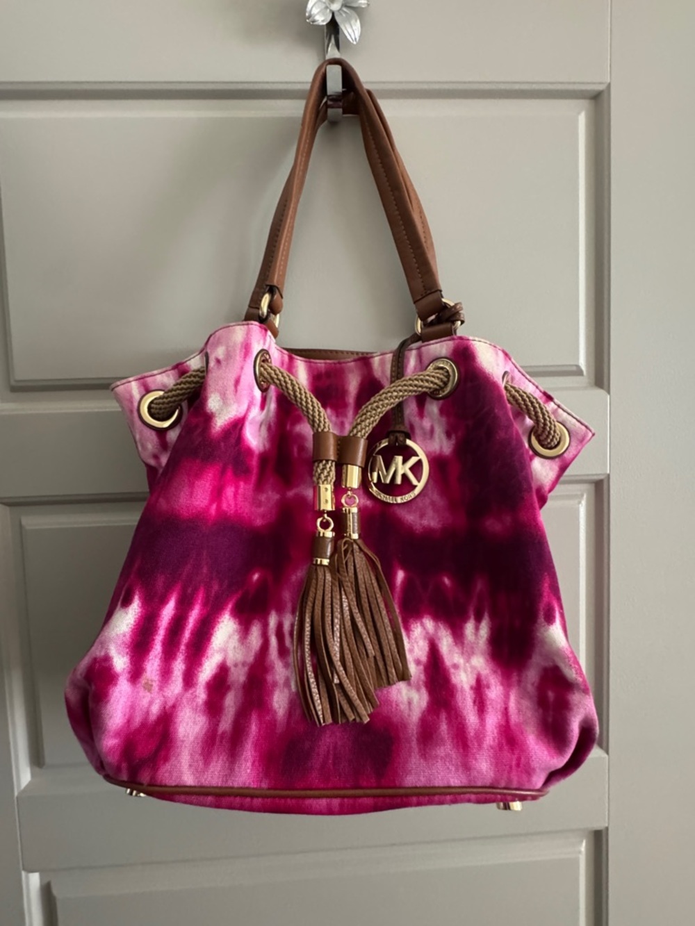 Michael Kors Pink Tie-Dye Drawstring Shoulder Tote with Brown Leather Accents